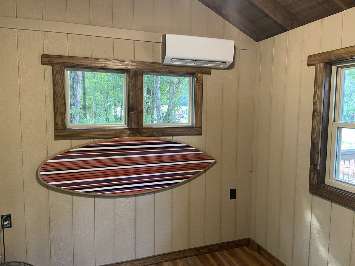 CherryTreesort's tweet photo. Inside is almost done! Trim and base boards finished. Water running, toilet flushing, lights on, and surfboard headboard installed. Just need some furniture built and we are set. Looking to open next Friday. #cherrytreesort #TheTolson https://t.co/iAxzWefRmM