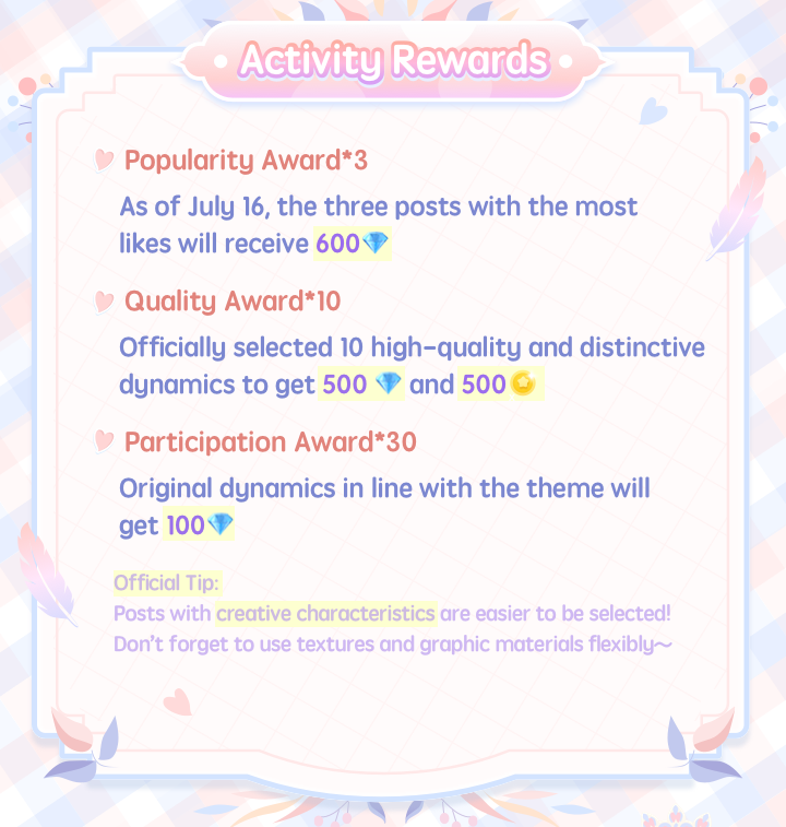 pinkygirlapp's tweet photo. 🔥43 award-winning places! ⚡️Everyone can get diamonds❗️
⚡️Don’t forget to participate in the #myvacation topic activity!
⚡️As long as you publish exquisite posts, there is a high probability of getting rich diamonds!
#pinkygirl #装扮少女 #dressupgirl #dressup https://t.co/QCMIkEKhxU