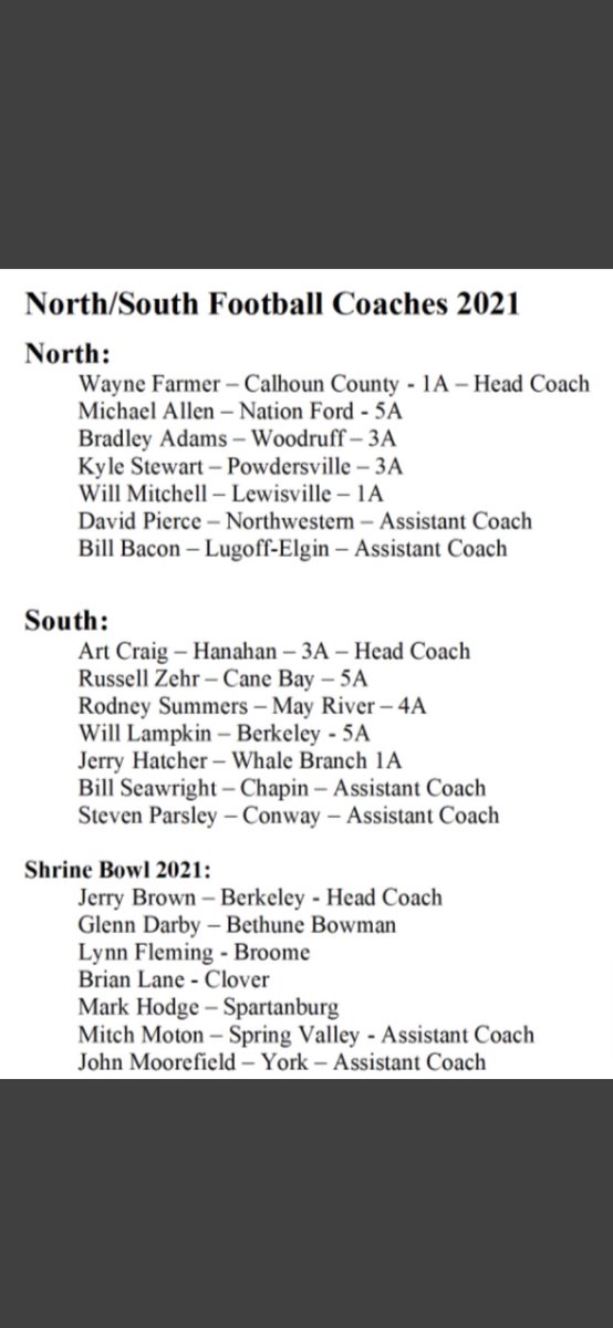 SCFCA1's tweet photo. Updated Touchstone Energy Bowl/Shrine Bowl coaching staffs. Congrats to all. Great honor to coach in one of these games. https://t.co/8Gthrasx6s