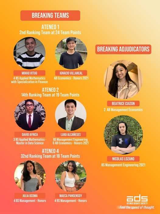 Team AMDG (@teamamdg) on Twitter photo Ateneo de Manila University:
Good luck to Ateneo Teams 1 & 2 in the grand finals of the World Universities Debating Championship (WUDC) against speakers from Zagreb and the London School of Economics!
LIVE: 14 July at 9pm (PHL time) at facebook.com/koreawudc2021
๐ท <a href="/AteneoDebate/">Ateneo Debate Society</a> Ateneo de Manila University:
Good luck to Ateneo Teams 1 & 2 in the grand finals of the World Universities Debating Championship (WUDC) against speakers from Zagreb and the London School of Economics!
LIVE: 14 July at 9pm (PHL time) at facebook.com/koreawudc2021
๐ท <a href="/AteneoDebate/">Ateneo Debate Society</a>