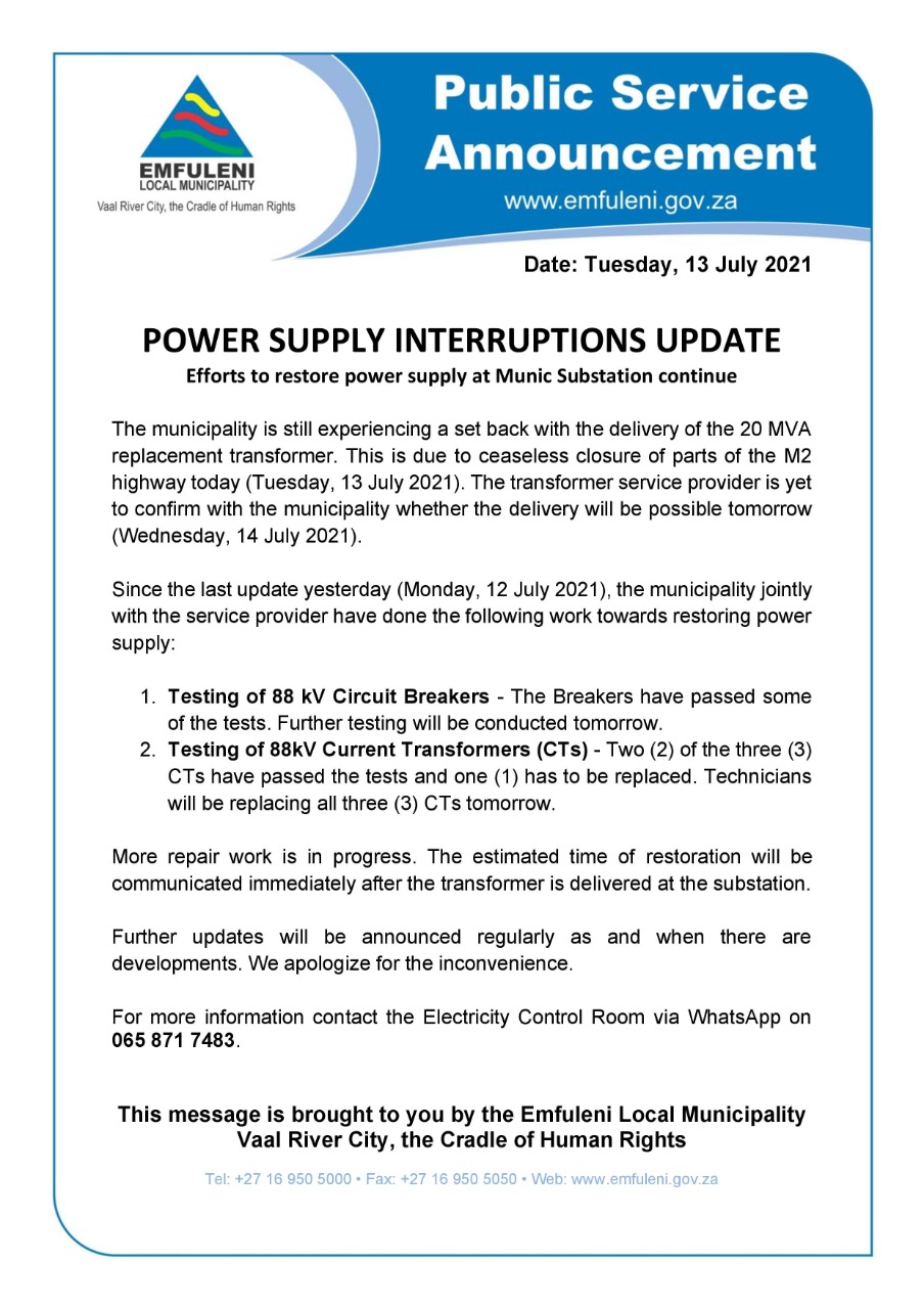 EmfuleniMunicipality on Twitter "Update on the Vanderbijlpark power