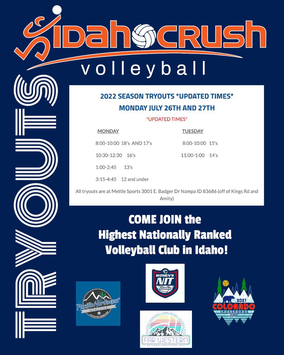 Idaho Crush 🚨TRYOUTS!🚨 Come join the Highest Nationally Ranked Volleyball Club in Idaho for an amazing ride of a season where we hope to continue a winning tradition at some of the best tournaments in the country! 🏐💙🧡🔥 More info at: idahocrushvolleyball.com