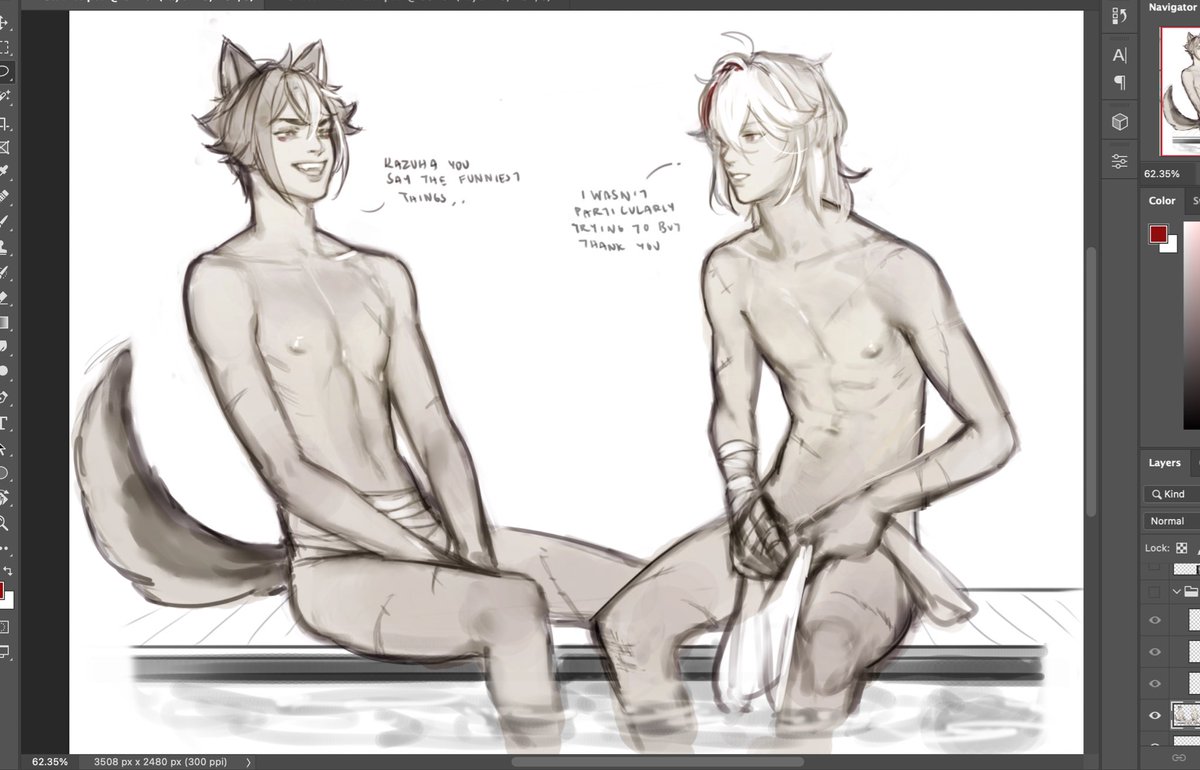 [rkgk] this was just study practice at first but now it's just two comrades sitting in an onsen. I can't wait to get Gorou so I can put him in my teapot, my Kazuha is alone! 