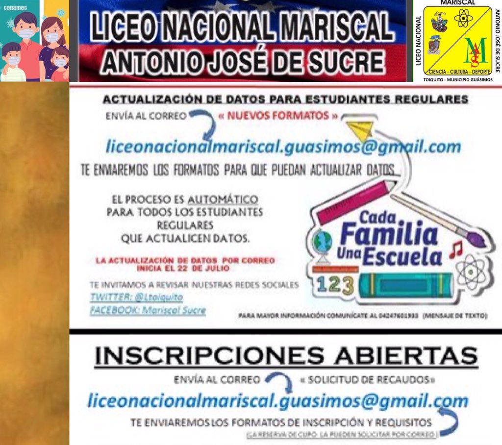 #Inscripciones para el Año Escolar 2021-2022✅🔊El @Ltoiquito inicia el proceso de inscripciones para estudiantes nuevo ingreso y 👥👥👥Actualización de datos de estudiantes regulares. Para mayor información comunícate al 04126620902   También pues enviar un correo 👇🏽👇🏽👇🏽