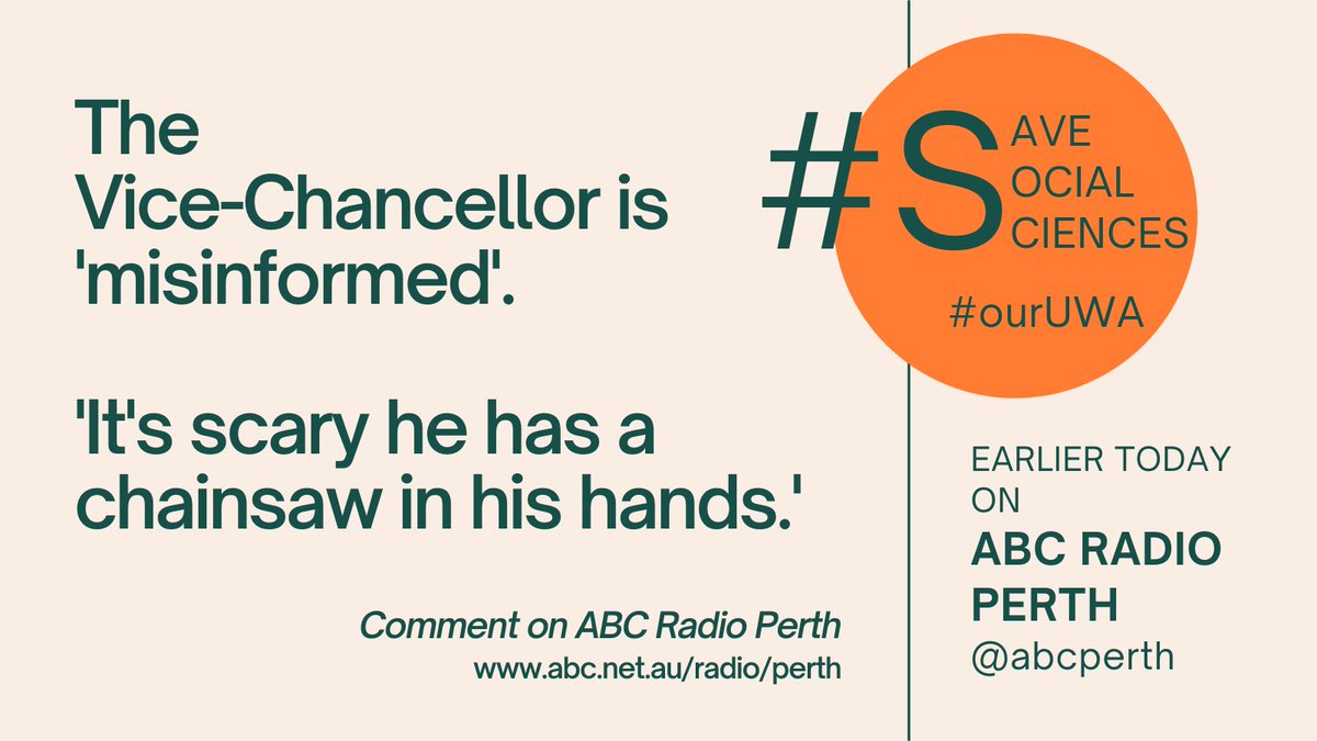 SaveSocSciUWA's tweet photo. On ABC Radio Perth today. To get informed facts, go to: https://t.co/utE6aCONsr
Don't forget to sign the petition: https://t.co/7EU6sBZgZY
#savesocialsciences #ourUWA https://t.co/xdO7JWJACV
