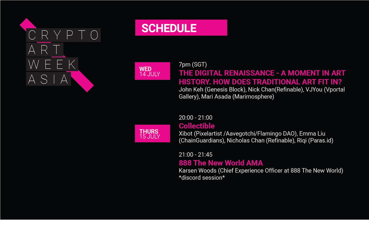 functiongallery's tweet photo. We are onto a new day of #CryptoArtWeekAsia , and there's so much more exciting content we have planned for the rest of the week! Here's the livestream events we have lined up for 14 &amp; 15 July 2021!

More details on https://t.co/YUS0CvXlQx 

#CAWA #CryptoArt #NFT #asiancreativity https://t.co/fuW9c9zhvu