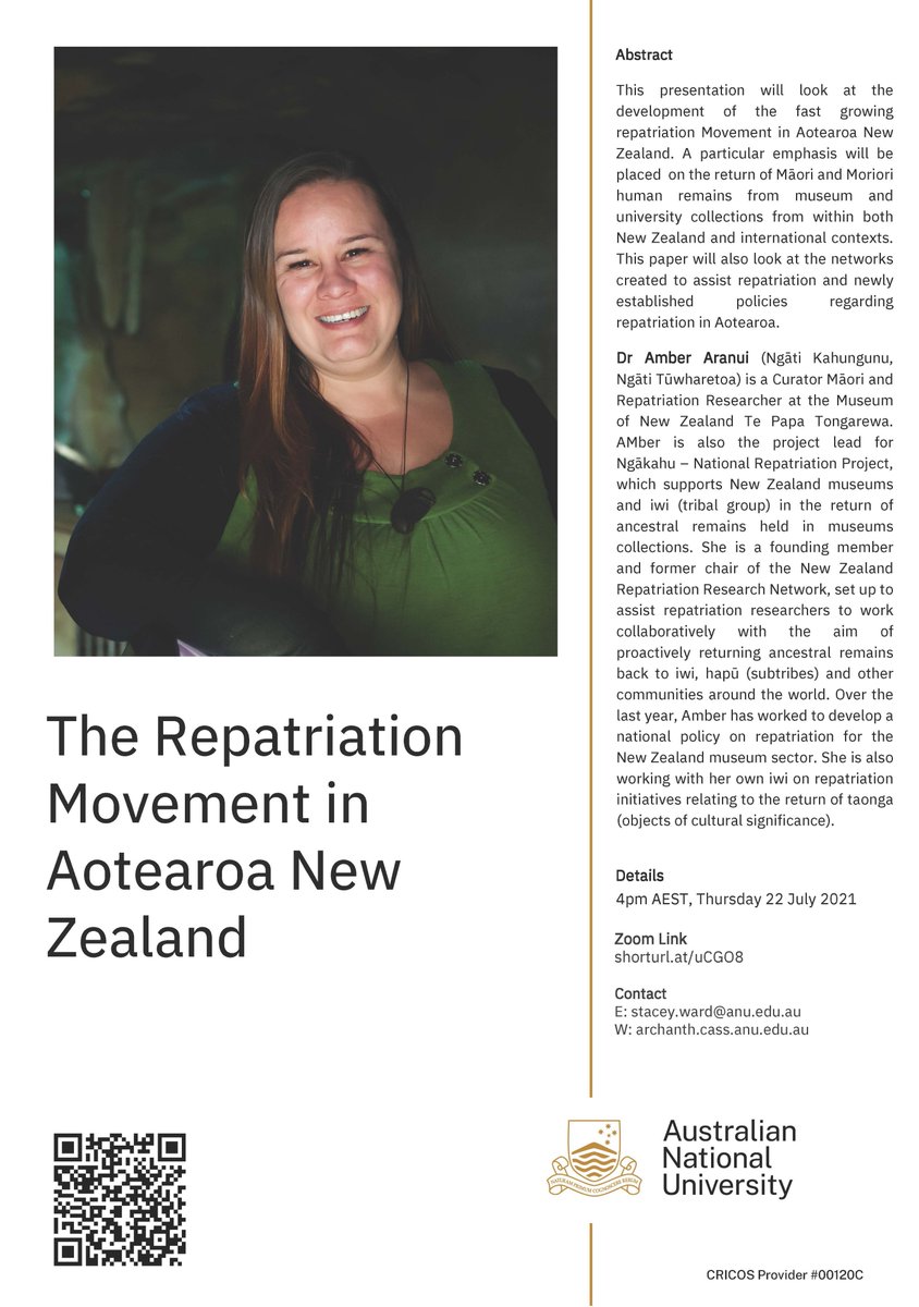 Thrilled to announce our annual ANU Bio Anth Keynote Lecture for 2021! This year we welcome the amazing Dr Amber Aranui <a href="/kirivalley/">Amber Aranui, PhD</a> who is speaking on repatriation in New Zealand. Join us 22 July @ 4pm AEST via Zoom. All welcome, register free &amp; please RT! shorturl.at/uCGO8