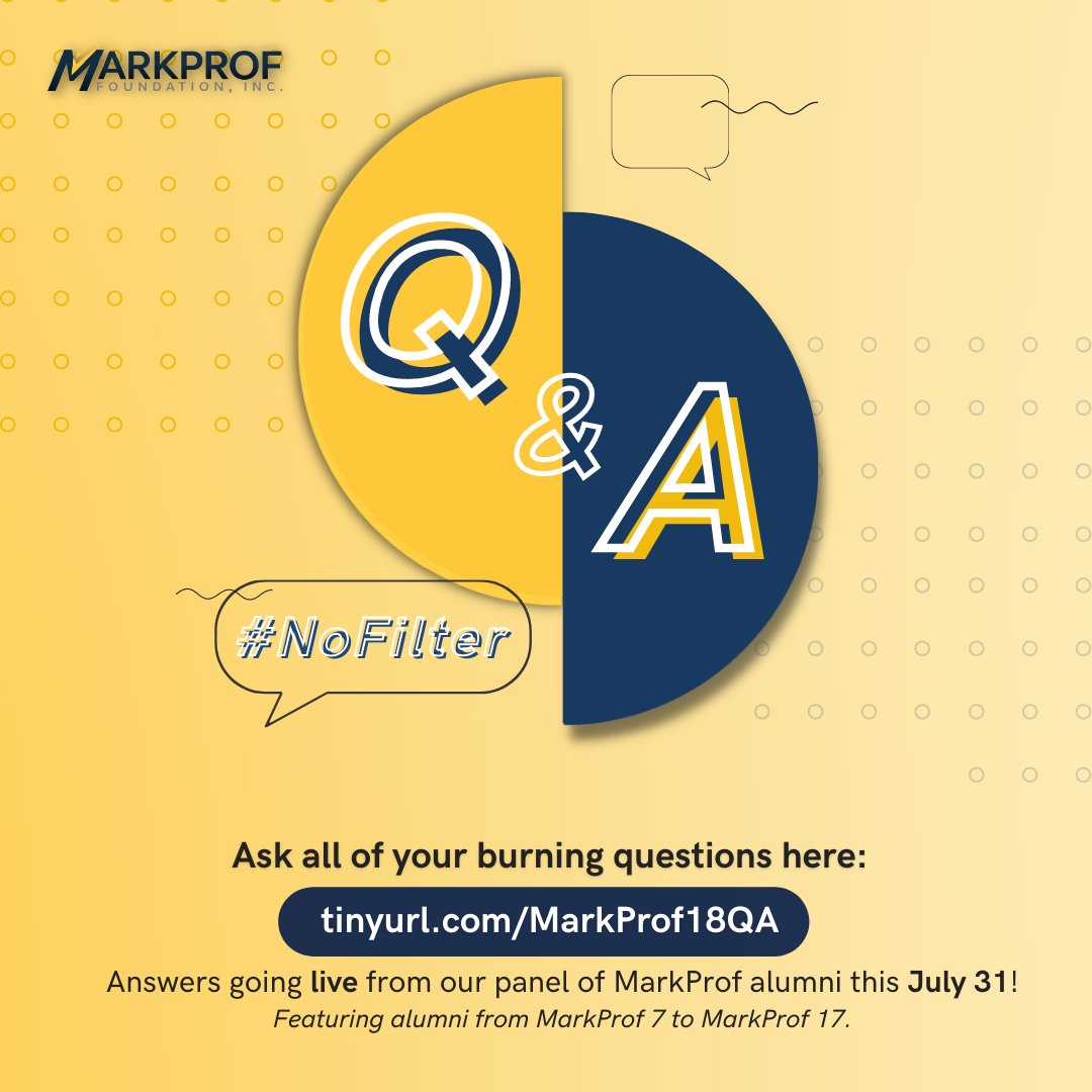 XUSBMSC's tweet photo. What is MarkProf?
Drop your questions now! You can send in any queries you may have here: https://t.co/ShAg3W961j
Get the chance to hear our alumni share all that there is to know about the MarkProf Bootcamp during the #NoFilter MarkProf Q&A on July 31!
#MP18
#MarkProf https://t.co/zSQGobVnAy