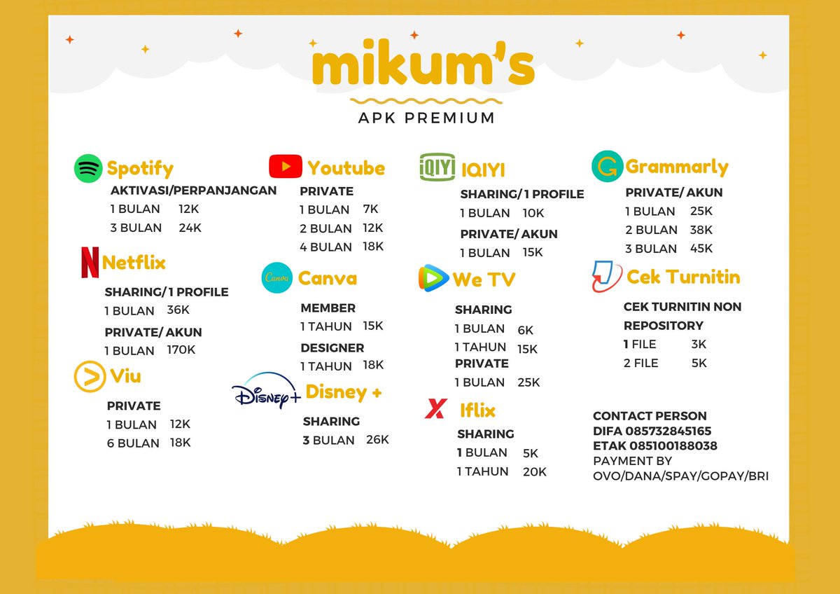 agentwt's tweet image. Ayoooo siapa butuh canva? Cuma butuh email aja langsung bisa premium loh&amp;gt;&amp;lt; cuma 15k/tahun✨
Find what u need, here @agenwt atau wa.me/6285732845165🐱

t canva prem netflix youtube yg yang jual