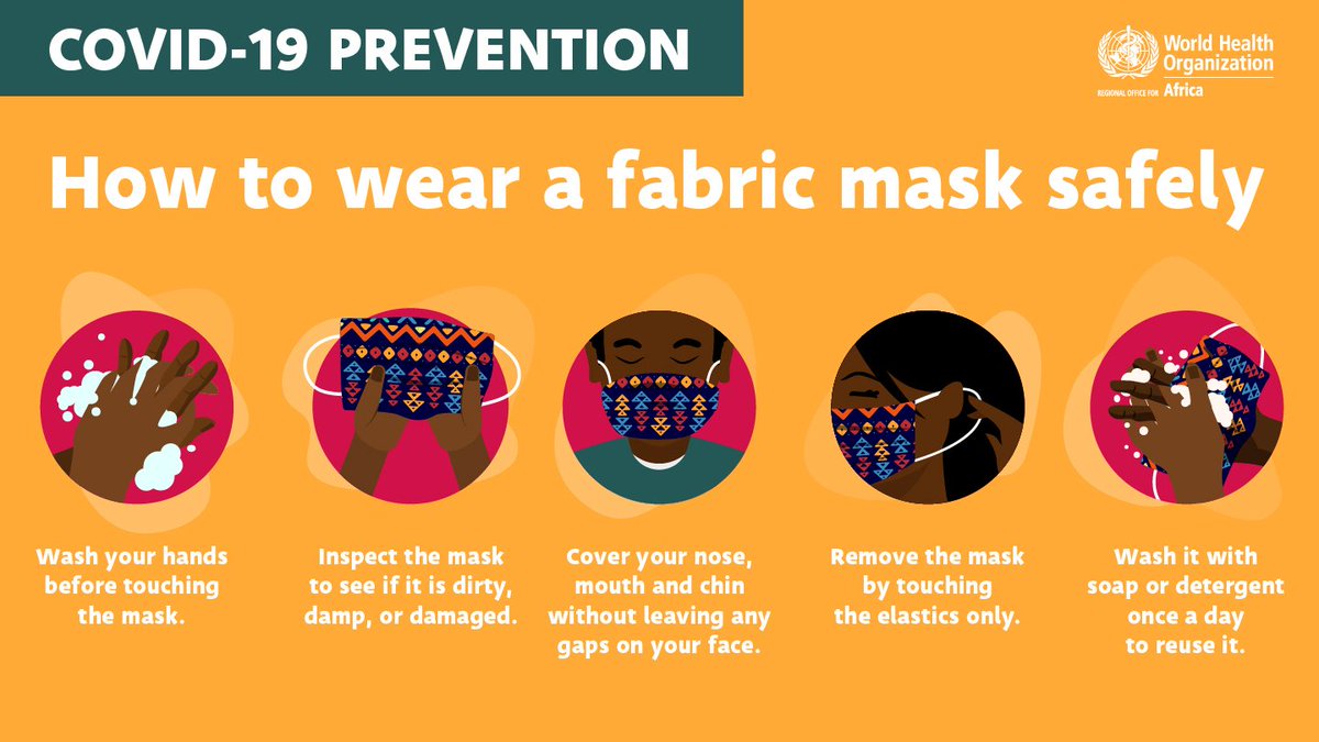 You can help your community #AngamizaCorona if you #WearAMask when leaving your home. 

😷 𝗠𝗮𝘀𝗸𝘀 𝗿𝗲𝗱𝘂𝗰𝗲 𝘁𝗿𝗮𝗻𝘀𝗺𝗶𝘀𝘀𝗶𝗼𝗻 𝗼𝗳 𝘁𝗵𝗲 #𝗖𝗼𝗿𝗼𝗻𝗮𝗩𝗶𝗿𝘂𝘀 𝗯𝘆 𝘂𝗽 𝘁𝗼 8️⃣0️⃣% 

Follow these 5 simple steps 👇🏾 to wearing a fabric mask safely.

#WorldMaskWeek