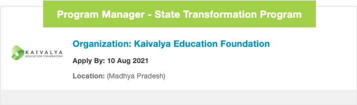 NGOBOX's tweet image. #JobOpening Kaivalya Education Foundation is hiring for the role of  - Program Manager - State Transformation Program - 
Applicants must have minimum 7+ years of experience in HR with 3+ years of relevant experience

Apply: bit.ly/3khOdhk

#StateTransformation #HR