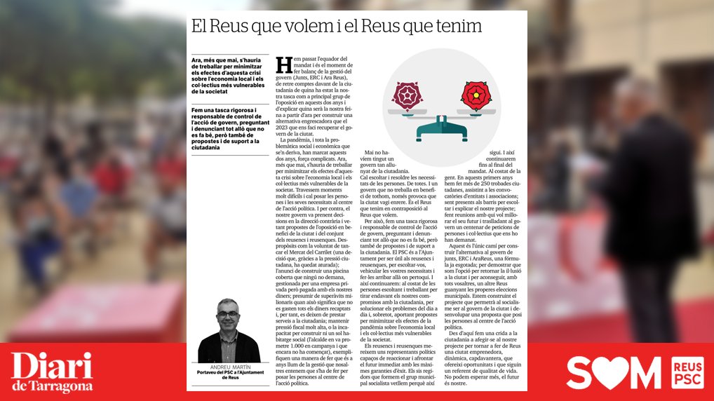 👉 "Fem una crida a la ciutadania a afegir-se al nostre #projecte per tornar a fer de #Reus una ciutat emprenedora, capdavantera, que ofereixi #oportunitats i que siguin un referent. No podem esperar més, el #futur és nostre."

🗞 Avui al <a href="/diaridtarragona/">Diari de Tarragona</a>: diaridetarragona.com/opinion/El-Reu…