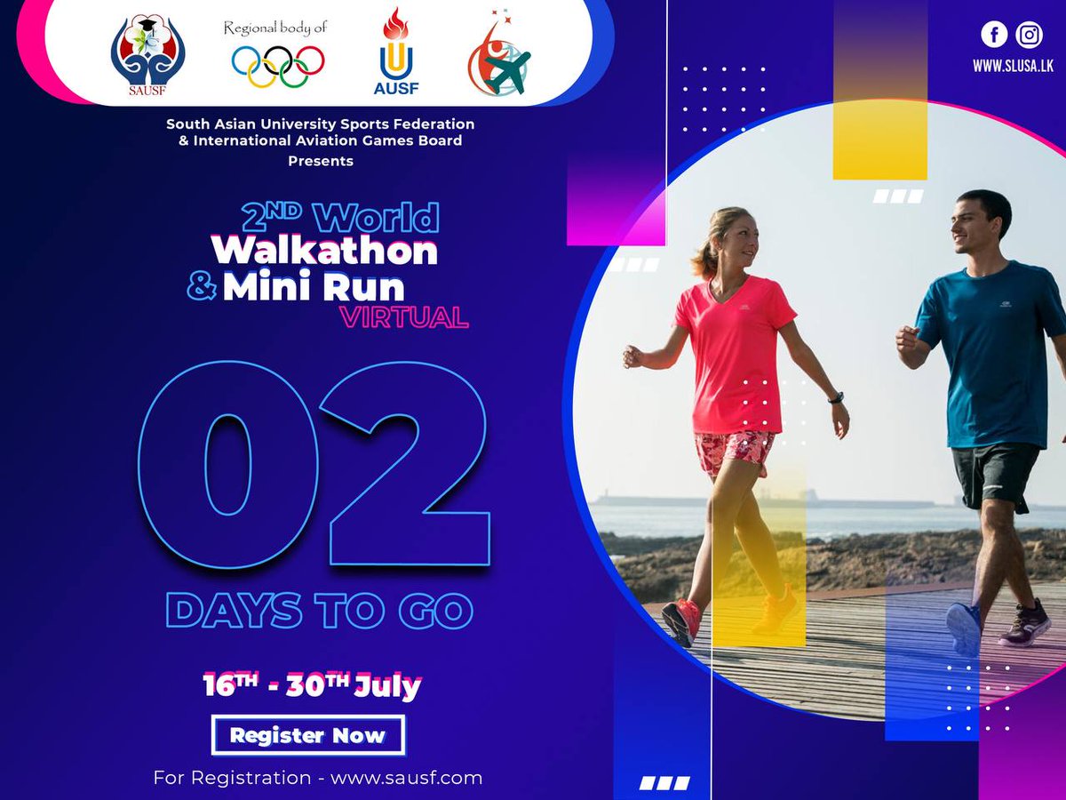BiagIndia's tweet photo. As we are just 0️⃣2️⃣ days away from the 2nd World Walkathon and Mini Run 2021, we would like you to join us in counting down the last two days before the event.
Registrations are still open!
📥https://t.co/PDOzeG5w47
ℹ️ For more info: https://t.co/7VYmXa755x
#SAUSF #BIAG #SLUSA https://t.co/8EY21TulMG