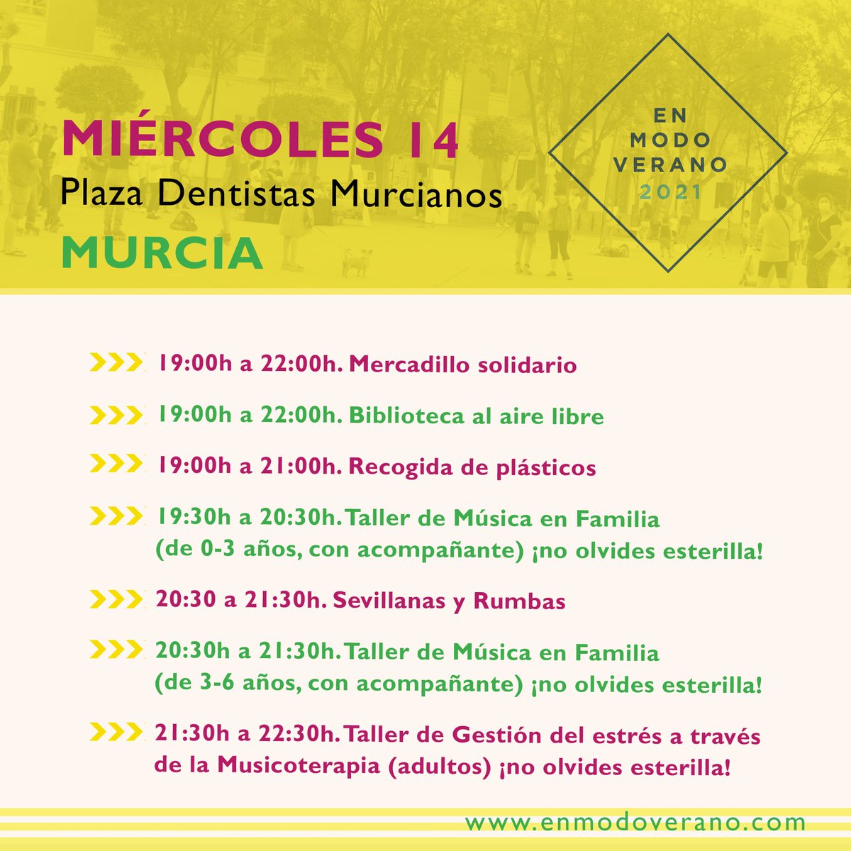 AytoMurcia's tweet photo. Esta tarde las actividades de #EnModoVerano llegan a la plaza Dentistas Murcianos con planes para toda la familia. ¿Te vienes? 💃 https://t.co/P3Utp3Riul