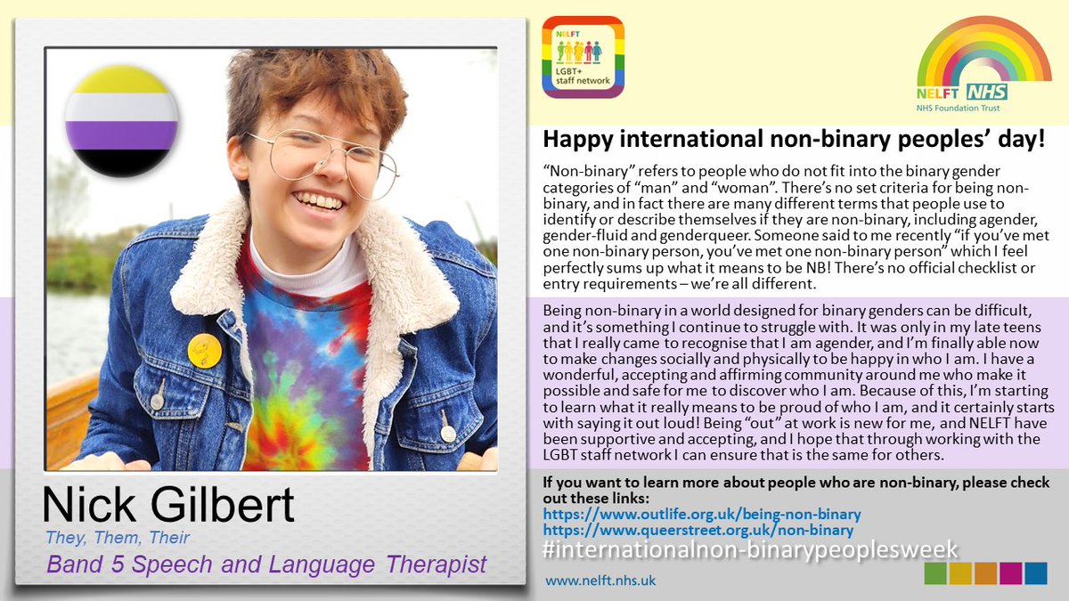 NELFT_LGBT's tweet photo. Happy International non binary peoples day !!..#ThisIsWhatNonBinaryLooksLike today we are proud to share @NELFT staff member Nick's story. We hear and see all of our LGBT+ community #nonbinaryday today and every day https://t.co/nt0C3Waa2l