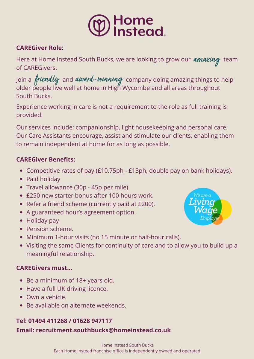 Home_Instead_SB's tweet photo. We are recruiting caring and compassionate people. Please look at what we offer you and contact Sarah on 01494 411268 to learn more about working for the world's biggest care company! https://t.co/QTkkbY7JMT