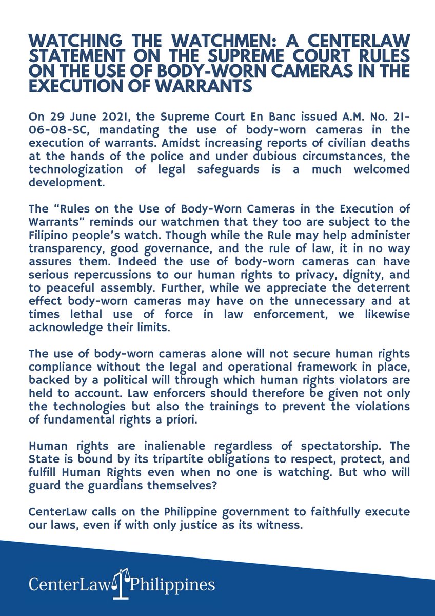 CenterLawPH's tweet photo. CenterLaw's Statement on the Use of Body-Worn Cameras in Execution of Warrants. #WatchingTheWatchmen https://t.co/a0yC7oPFcw