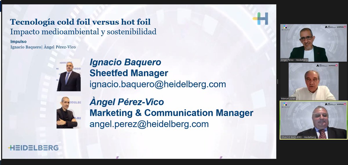 HeidelbergSpain's tweet photo. Un placer poder participar como ponentes en el webinar 'Tecnología cold foil versus hot foil' y seguir compartiendo conocimientos con nuestros amigos y compañeros de @graphispag2022 https://t.co/APkFp1zkPT