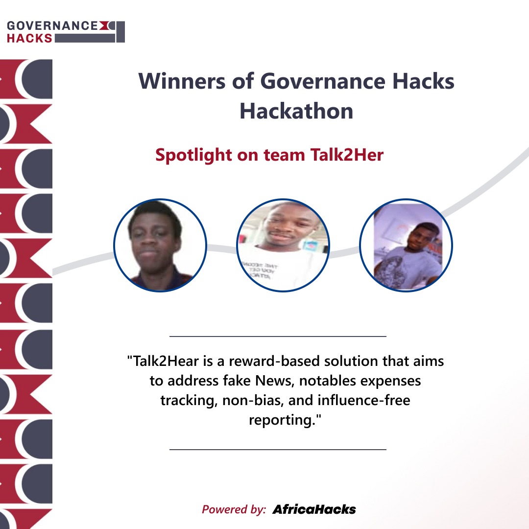 afri_hacks's tweet photo. Team Talk2hear worked on a project to improve accountability and credibility #GovernanceHacks #WinnersofGovernancehacks⭐ https://t.co/cFEjK8UIx7