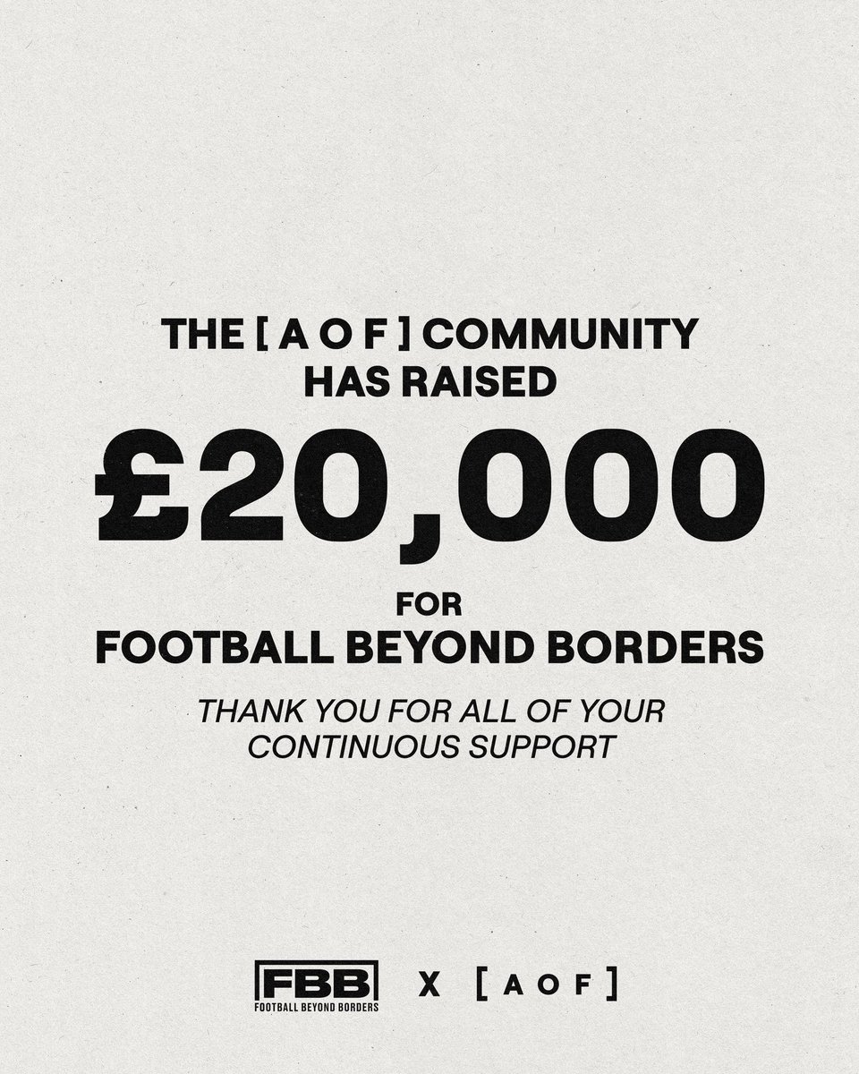 Thank you. 🤝

In just one day, the [AOF] community has raised £20,000 for <a href="/FBeyondBorders/">Football Beyond Borders</a> to help them continue using football as a positive platform to educate young people.