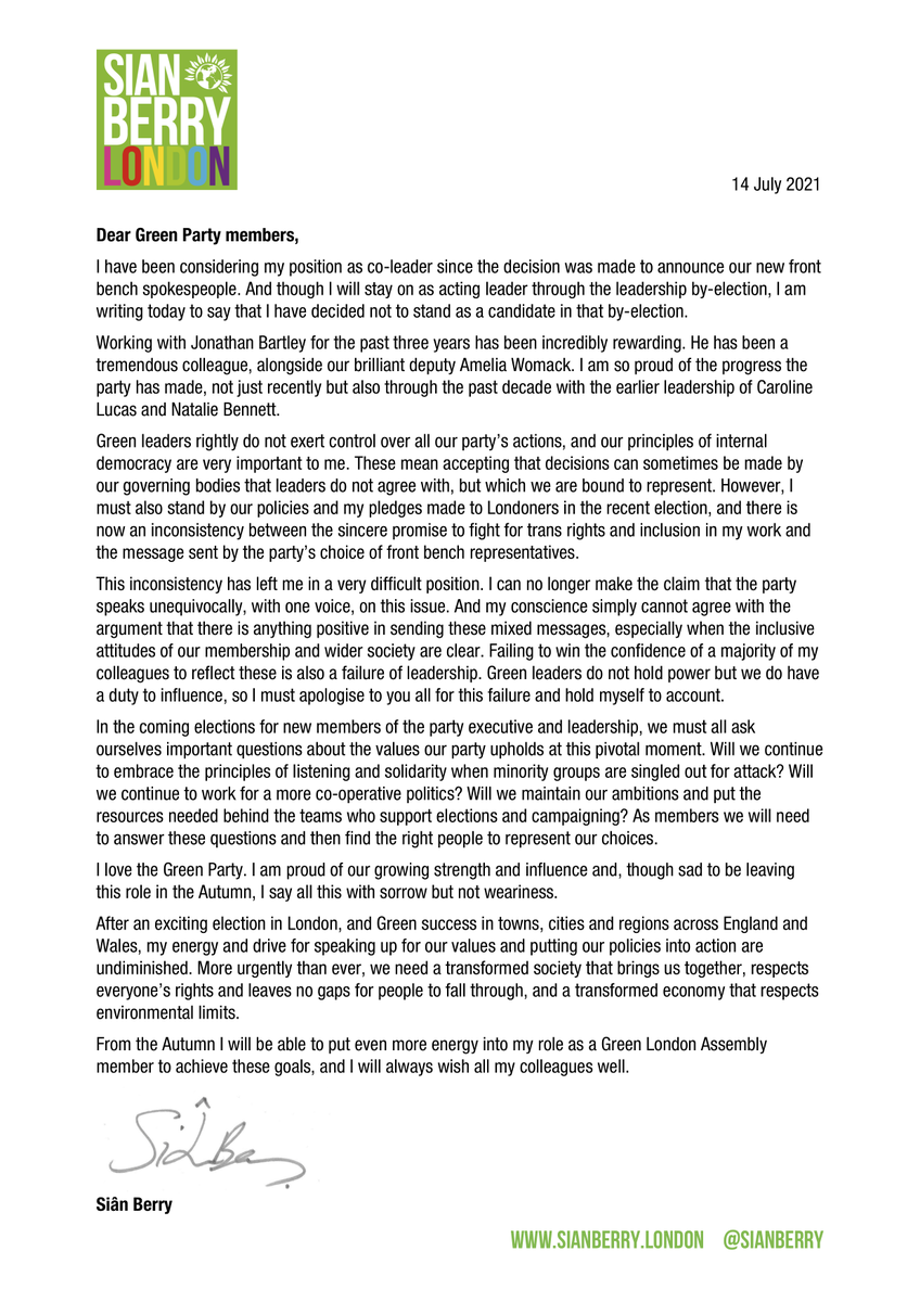 sianberry's tweet photo. A personal statement from me on the upcoming Green Party leadership by-election.

Read as pdf here, and find alt text in images: https://t.co/uG1Ah0HC5V https://t.co/PXN8sII1pp