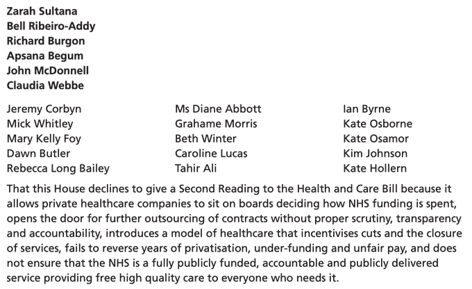 BellRibeiroAddy's tweet photo. The Tories' new NHS Bill is an attempt to give private companies a greater foothold in the NHS and a greater say on how our money is spent.

Proud to sign @ZarahSultana's reasoned amendment to protect the NHS by throwing out this Corporate Takeover Bill today. https://t.co/cj3Bf22kmc