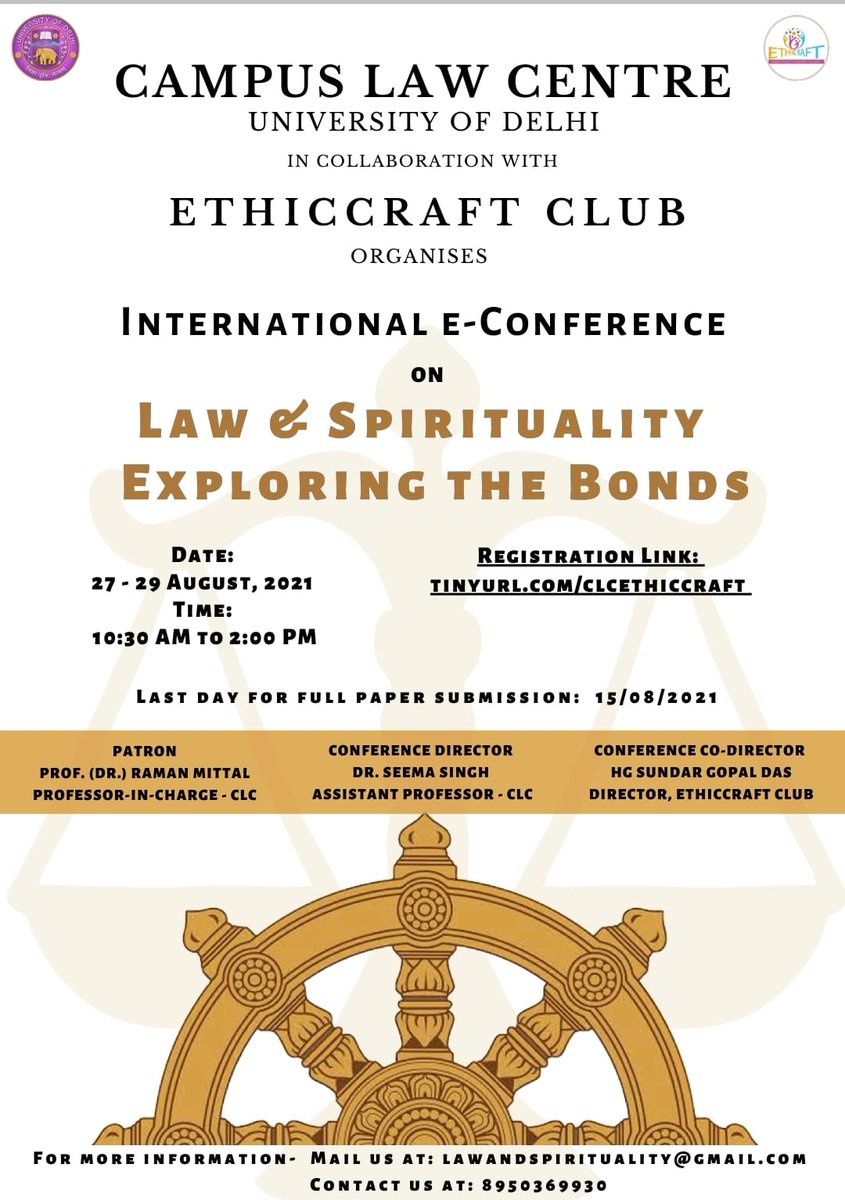ICLS_2021's tweet photo. International E-Conference on Law and Spirituality (ICLS) is being jointly organized by Campus Law Centre (@clcdu), FoL, University of Delhi and EthicCraft Club (@EthiccraftClub). The virtual conference will be held on August 27-29, 2021. Follow organizers for regular updates. https://t.co/GZghFTGgPc