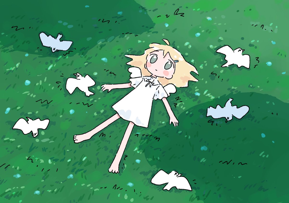 1girl blonde hair dress grass lying barefoot solo  illustration images