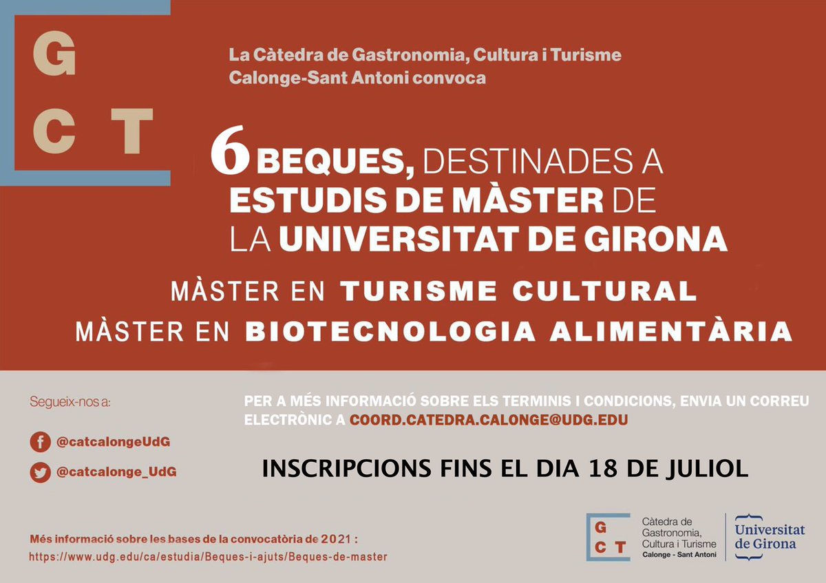 Càtedra GCT (@catcalonge_udg) on Twitter photo 📣 Aquest any destinem 23.713 € per 6 beques per estudiar els màsters de Turisme Cultural <a href="/UdGTCultural/">Máster en Turismo Cultural</a> i de Biotecnologia Alimentària el proper curs 2021-22 a la <a href="/univgirona/">Universitat de Girona</a>
📆 Recorda que tens temps fins el 18 de juliol!
ℹ bit.ly/3xqXzuR
#Girona 📣 Aquest any destinem 23.713 € per 6 beques per estudiar els màsters de Turisme Cultural <a href="/UdGTCultural/">Máster en Turismo Cultural</a> i de Biotecnologia Alimentària el proper curs 2021-22 a la <a href="/univgirona/">Universitat de Girona</a>
📆 Recorda que tens temps fins el 18 de juliol!
ℹ bit.ly/3xqXzuR
#Girona