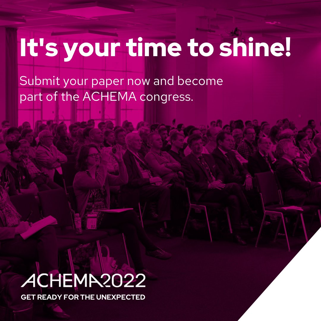 DECHEMA's tweet image. Nach der #ACHEMApulse ist vor der #ACHEMA22: Wissenschaftler:innen aus Industrie &amp;amp; Forschungseinrichtungen sind ab sofort eingeladen, einen Beitrag zum Kongress und den Praxisforen einzureichen.
 
Beiträge können bis zum 13. September eingereicht werden: ow.ly/XW9E50FuORA
