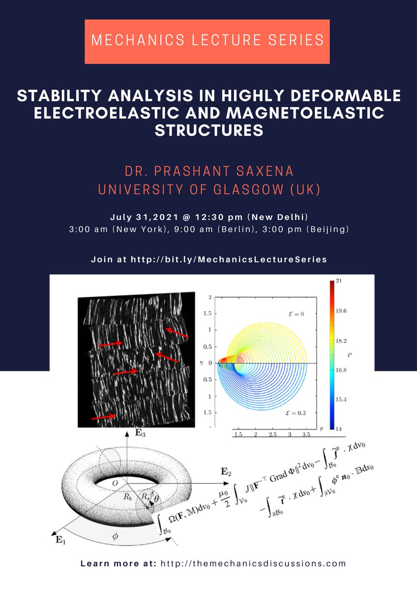 themechanicsdis's tweet photo. Join us for an exciting lecture on electro- and magneto-mechanics of soft materials by Dr. Prashant Saxena (Univ. Glasgow) is coming soon.

Date &amp; time: 31st July at 12:30 pm (Indian time).

Link to join: https://t.co/oMAmhOB4uP

#SoftMaterials #FEA #Lecture #Multiphysics https://t.co/ExPRatET8W
