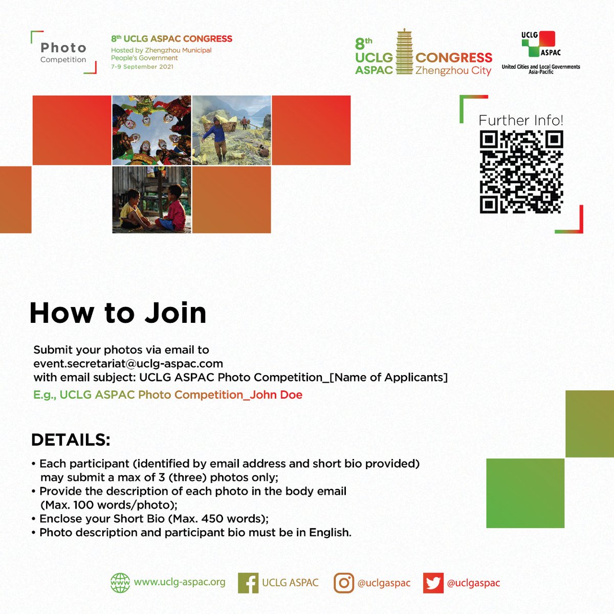uclgaspac's tweet photo. 📸OPEN FOR PUBLIC!✨
The 8th UCLG ASPAC Congress is coming up! To get into the spirit, let's go ahead and join our Photo Competition on the theme of COVID-19 recovery!

@LEAD4SDGs @cricproject @localisesdgs

#8thUCLGASPACongress
#PhotoCompetition
#4BetterLocal
#Insight4Leaders https://t.co/xWNJohjMWC
