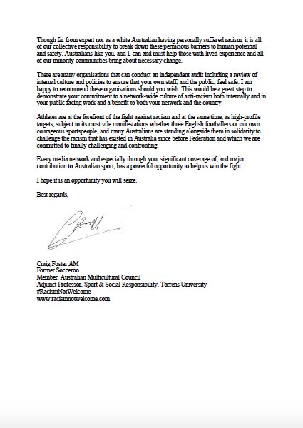 Craig_Foster's tweet image. Letter today to Seven West Media CEO, James Warburton on behalf of #RacismNotWelcome and supporting multicultural networks around Australia.

Sport exposes racism. 

We all have a shared responsibility to confront it.

#RacismNotWelcome