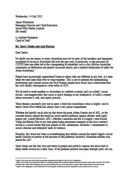 Craig_Foster's tweet image. Letter today to Seven West Media CEO, James Warburton on behalf of #RacismNotWelcome and supporting multicultural networks around Australia.

Sport exposes racism. 

We all have a shared responsibility to confront it.

#RacismNotWelcome