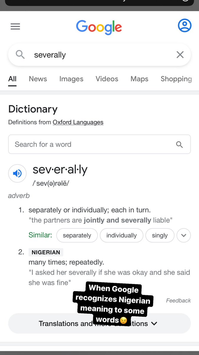LordBOS's tweet photo. @Omojuwa Google just gave “severally” a Nigerian meaning.😉 https://t.co/xWW396ALlK