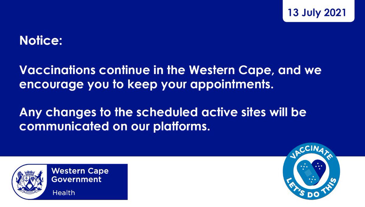 alanwinde's tweet photo. Good morning, Western Cape. 
Please note that vaccinations across the province continue as normal. Should there be any changes, we will communicate on our platforms. #LetsDoThis https://t.co/aq3kByYJlo