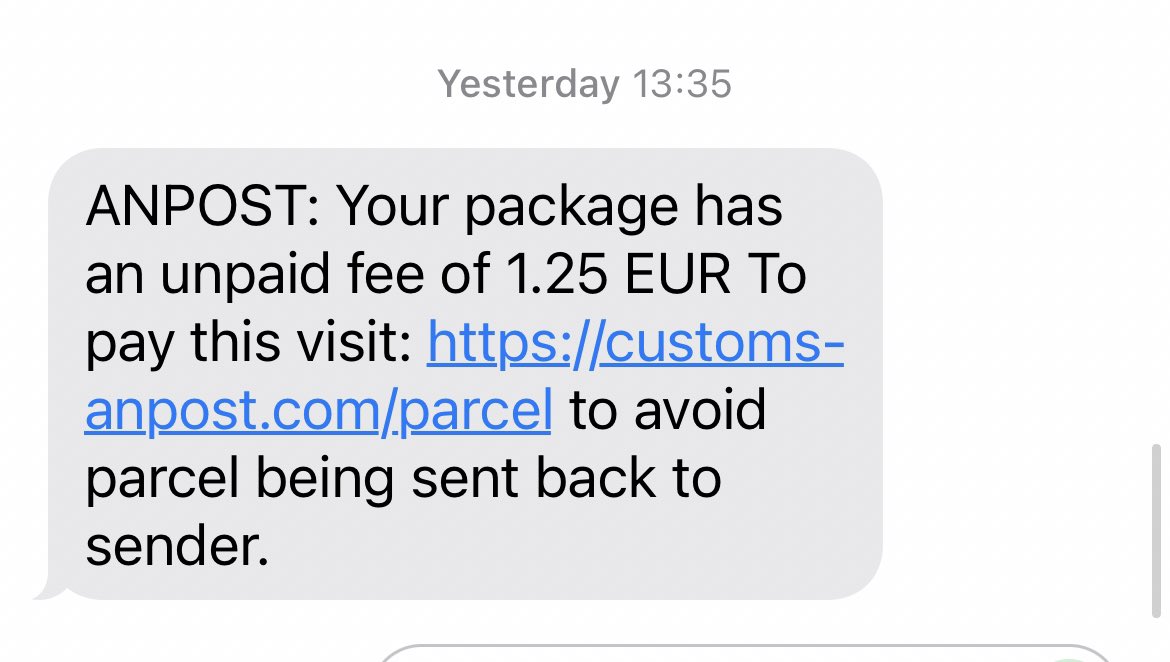 bootras's tweet photo. @Postvox @gardainfo caution re sms phishing scam purporting to be from An Post. I received this embedded in the normal chain of messages I get from An Post re deliveries. https://t.co/xKfSyU3zon