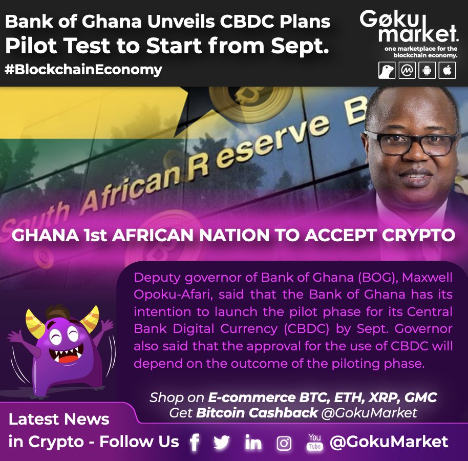 GokuMarket's tweet image. 📣 Bank of Ghana 🇬🇭 Unveils Plans for #CBDC Pilot Test to Start from #September

👉Governor also said that the approval for the use of CBDC will depend on the outcome of the piloting phase.

#GokuMarket #Ghana #BankOfGhana #AcceptCrypto