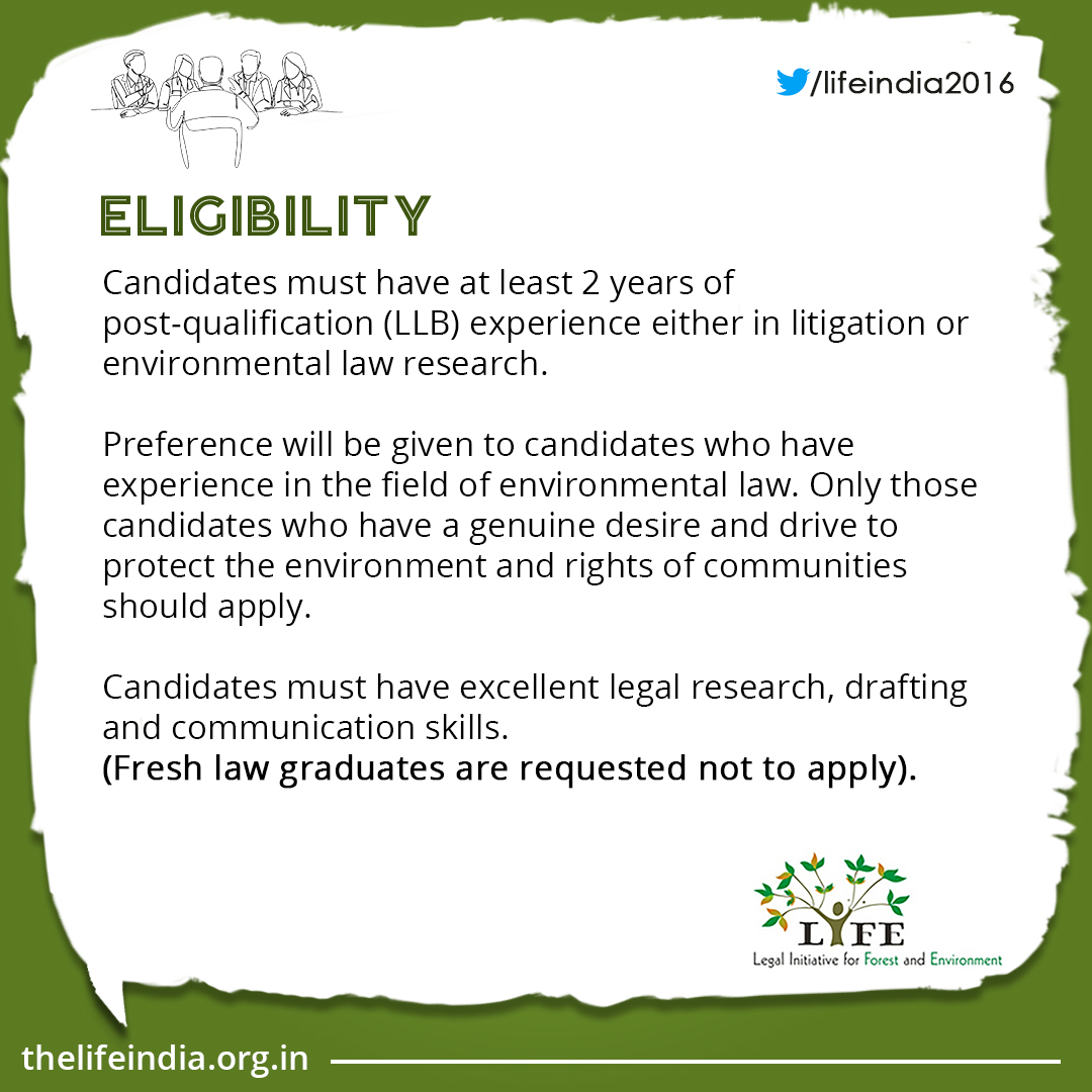 lifeindia2016's tweet photo. LIFE is inviting applications from lawyers who are passionate about using litigation as a tool to protect the environment and rights of communities . #LIFEishiring #environmentallaw #environmentallawjobs https://t.co/CdhiFlPA0w
