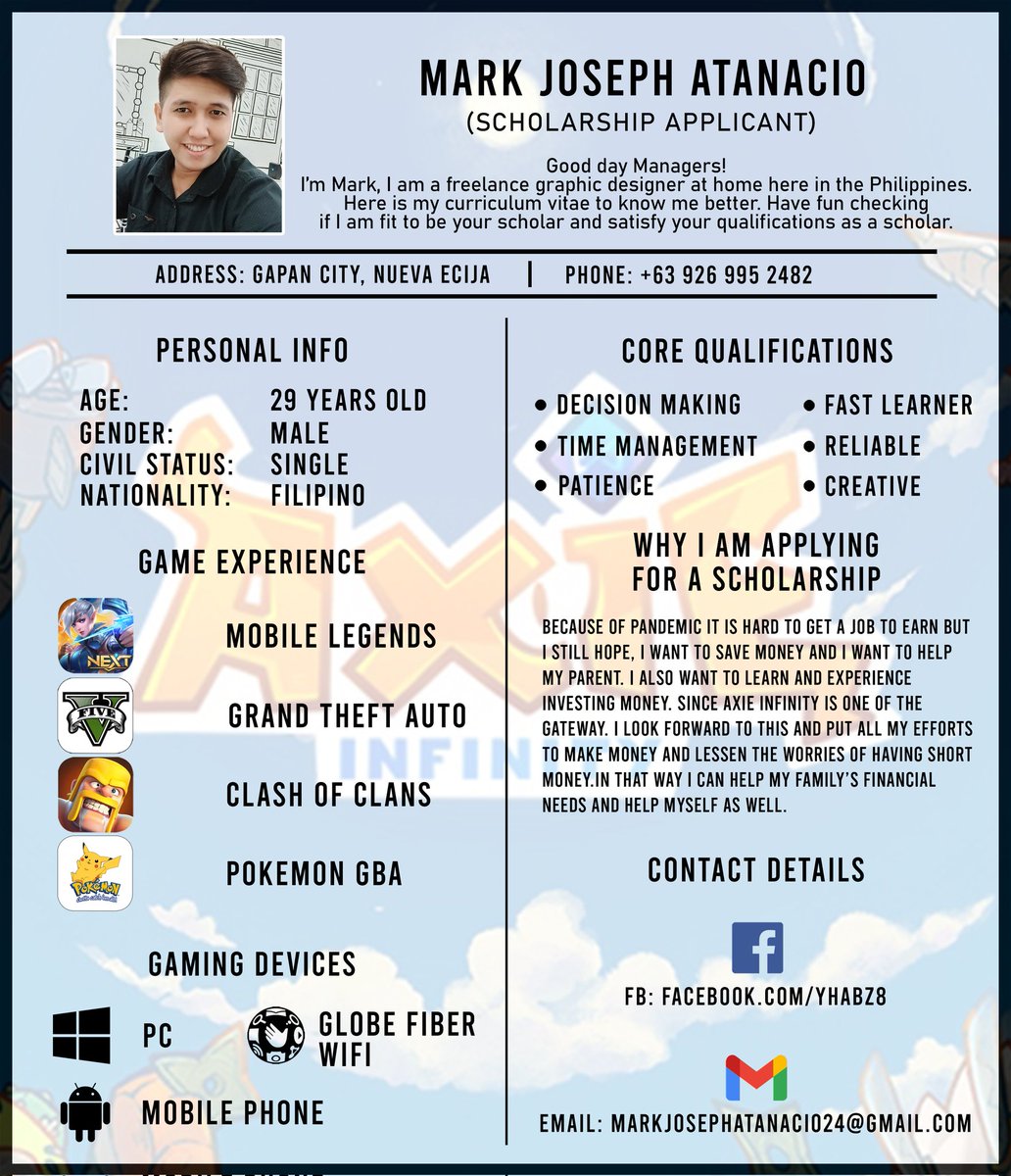 MJATANACIO's tweet photo. @DarthSithius @Smartalecc5 @SDscholars @AxieElon @brycent @ohihello1 @chayawassa @bestaxies @AxieRhine @nosleepgangxzg Good day managers, I hope you consider me to be part of your team, thank you 😊 https://t.co/IeXvcnD0SO