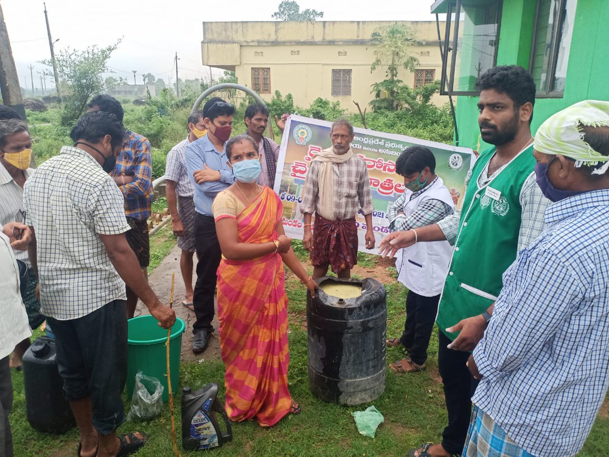 As part of #rythubharosachaitanyayatra the staff of @APZBNF at @vzmgoap. Demonstrating #jeevamrutam preparation to the local people.This has been lauded by farmers and have taken up #naturalfarming @vzmgoap #naturalfarming at #RBK @satyatripathi @rajbudithi65 @vijaythallam