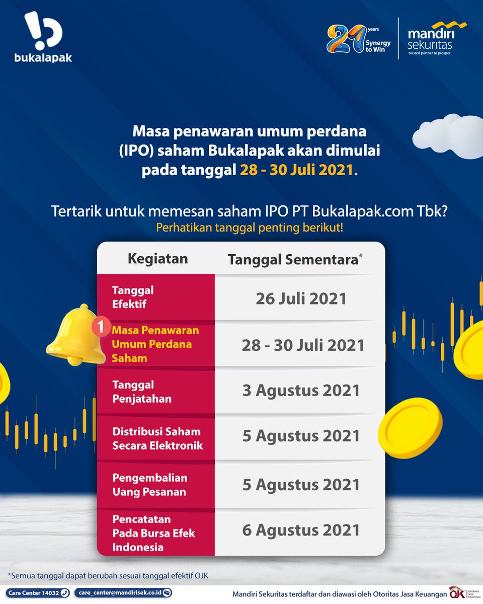 Mandiri_OLT's tweet photo. Jangan sampai ketinggalan untuk memesan saham perusahaan unicorn di Indonesia ini, catat tanggal pentingnya! 📊📝
Pesan saham IPO BUKA sekarang juga di https://t.co/rdN8rKqDtU
Belum punya rekening efek? Buka rekeningnya di https://t.co/AkDSg3fhEf
#IPOBUKA #MOSTIPO #IPOBukalapak https://t.co/v6PAhBmf98
