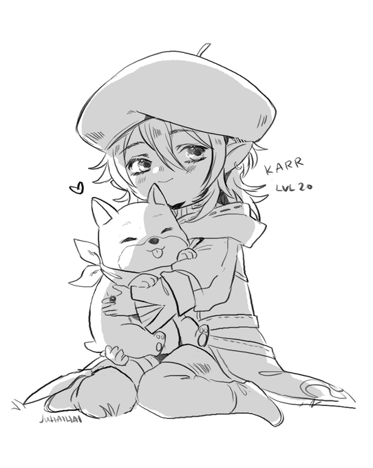 [FFXIV] probably the best thing about this game is that I can pet mine and other people's pets; a smol sketch of my lalafell [OC] before i go work on comms 