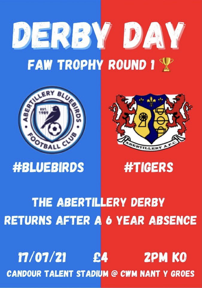 AberBluebirdsFC's tweet photo. 🅳🅴🆁🅱🆈 🅳🅰🆈 🅸🅽🅲🅾🅼🅸🅽🅶
Set your sat nav to NP13 2PR &amp; come visit Cwm Nant Y Groes Saturday ...
1st local derby in 6 years, new clubhouse open for refreshments, 23 degrees &amp; now 250 fans allowed. If your a football fan this is the perfect day out #3sleepstogo 🏟☕️🍺☀️ https://t.co/sO5gVKV3g3