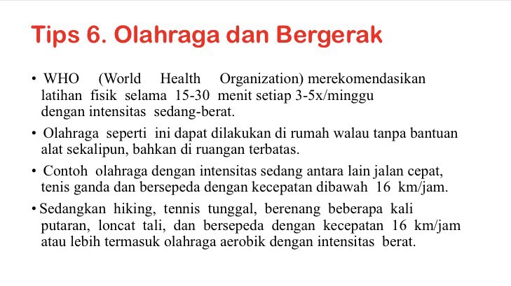 Tips 6. Olahraga dan Bergerak

Olahraga diyakini sejak lama penting untuk menjaga kebugaran tubuh dan jarang mengalami peradangan. Bagi pasien covid-19 yang sedang isoman perlu terus melakukan olahraga dengan intensitas sedang utk meningkatkan imun.#dokterparu #tipsisoman #covid