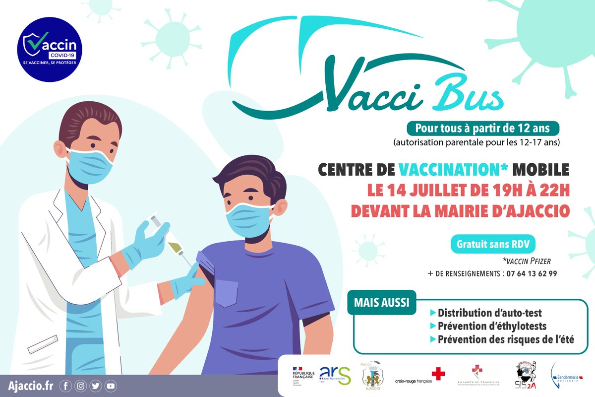 #14Juillet  #OpenBarVaccination via le VacciBus avec @sdis2a @SIST2A <a href="/CroixRouge_2A/">Croix-Rouge de la Corse-du-Sud</a> <a href="/Gendarmerie/">Gendarmerie nationale</a>   
 Faites-vous vacciner ce soir à <a href="/VilledAjaccio/">Ville d’Ajaccio - Cità d'Aiacciu</a>