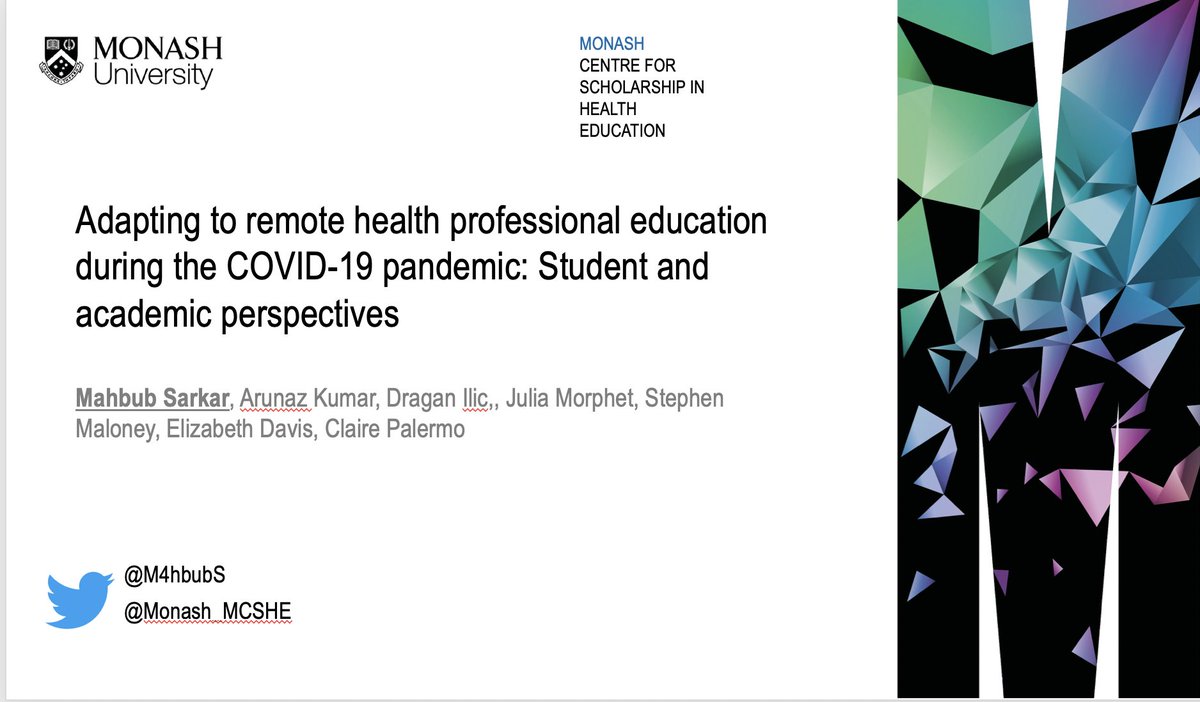 Thanks <a href="/Monash_FMNHS/">Monash Medicine, Nursing and Health Sciences</a> and <a href="/Monash_MCSHE/">MCSHE</a> for supporting our longitudinal study exploring the longer-term impact of #COVID19 on #HPE. Today at #ANZAHPEFestival we've presented Round 1 findings on how students and academics adapted to remote #HPE during the pandemic.