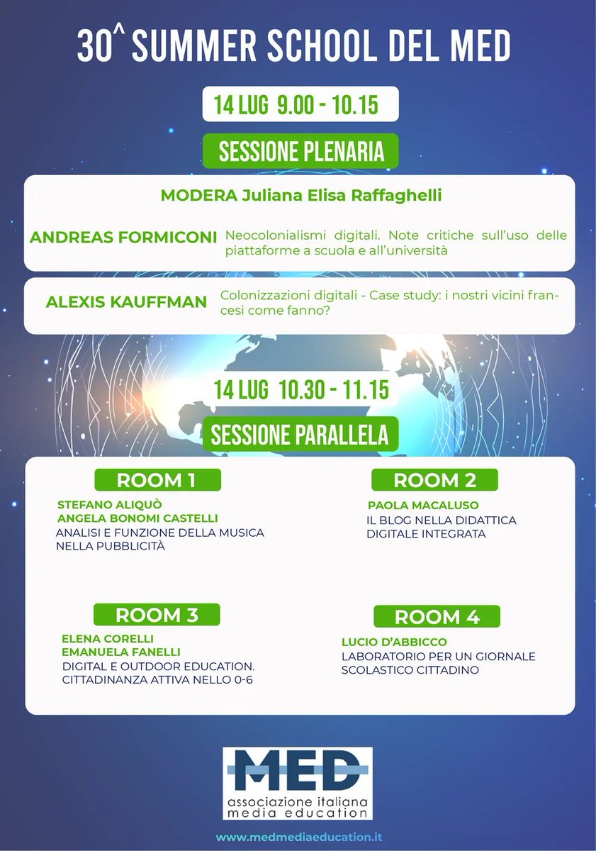 𝟯𝟬^ 𝗦𝘂𝗺𝗺𝗲𝗿 𝗦𝗰𝗵𝗼𝗼𝗹 𝗱𝗶 𝗠𝗲𝗱𝗶𝗮 𝗘𝗱𝘂𝗰𝗮𝘁𝗶𝗼𝗻
☑️Terza giornata
😉👉 promemoria per oggi!
👩🏻‍💻link zoom sessione plenaria h. 9.00 
tinyurl.com/nfppxc

📌E' possibile seguire la diretta streaming 👇😃
facebook.com/med.mediaeduca…
#summermed21 #medmediaeducation