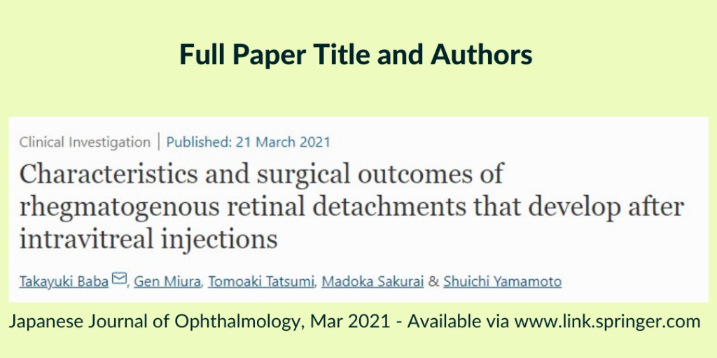 YoungRetina's tweet photo. Incidence of rhegmatogenous retinal detachment after an intravitreal injection is very low (0.025%) and it can be reattached with recovery of the visual acuity.
https://t.co/8rgQCct3zz #retinaldetachment #rhegmatogenous #intravitrealinjection https://t.co/cAjFLZCPYI