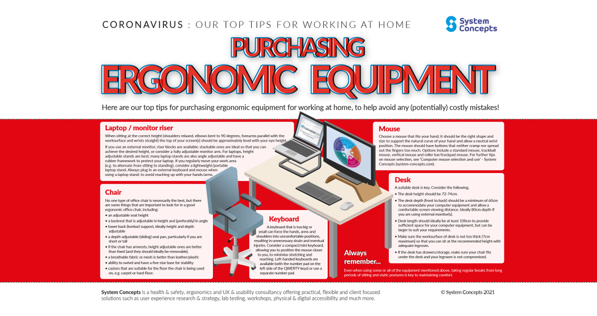 SystemConcepts's tweet photo. Do you want/need to improve your #HomeWorkStation set-up? Here are our top tips for purchasing #WorkingFromHome #ErgonomicEquipment... https://t.co/kIdNoybvLw
#HumanFactors #Ergonomics #Ergo #Ergonomic https://t.co/IxpuCOmXpn